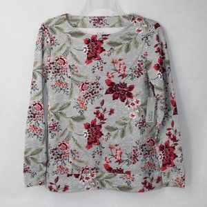 CROFT & BARROW PETITE LONG SLEEVE FLORAL SHIRT GRAY RED ORANGE NWT SZ PXS WOMENS